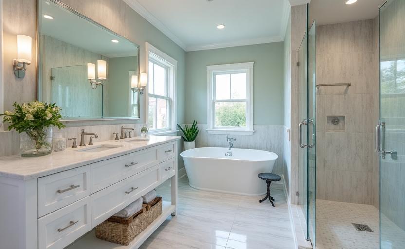 Beautiful bathroom renovation in Wilmington NC showing modern tile work, vanity, and expert craftsmanship by Swanson Construction - bathroom renovation experts
