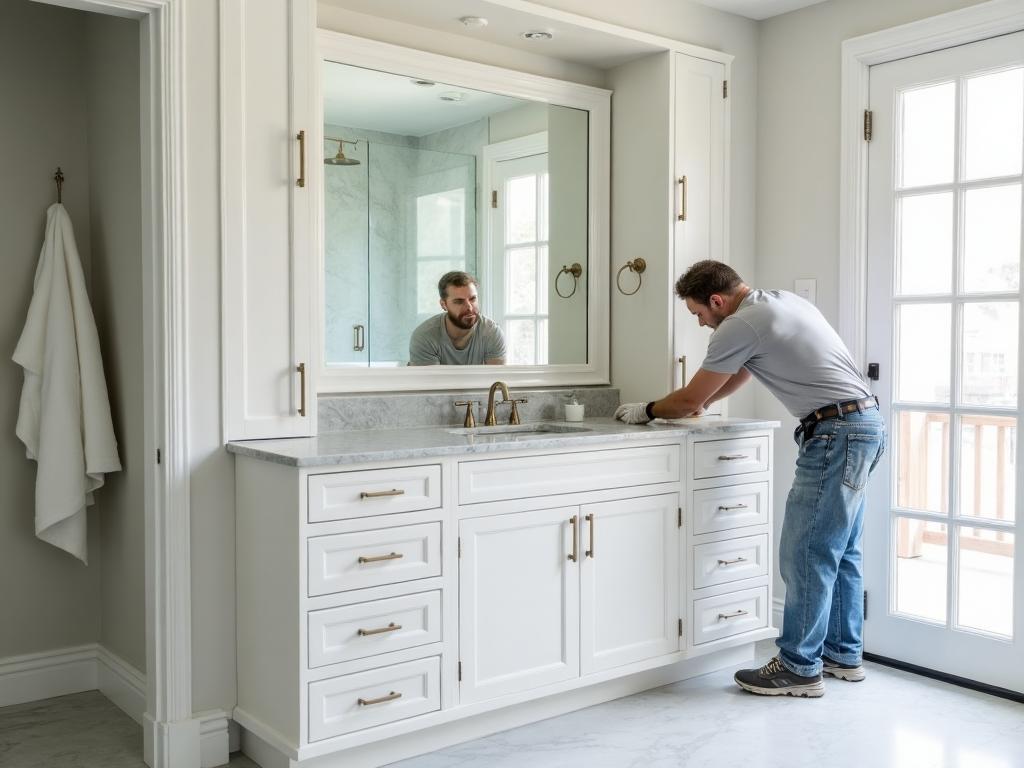 Professional bathroom vanity installation in Wilmington NC showing precision craftsmanship and expert installation by Swanson Construction